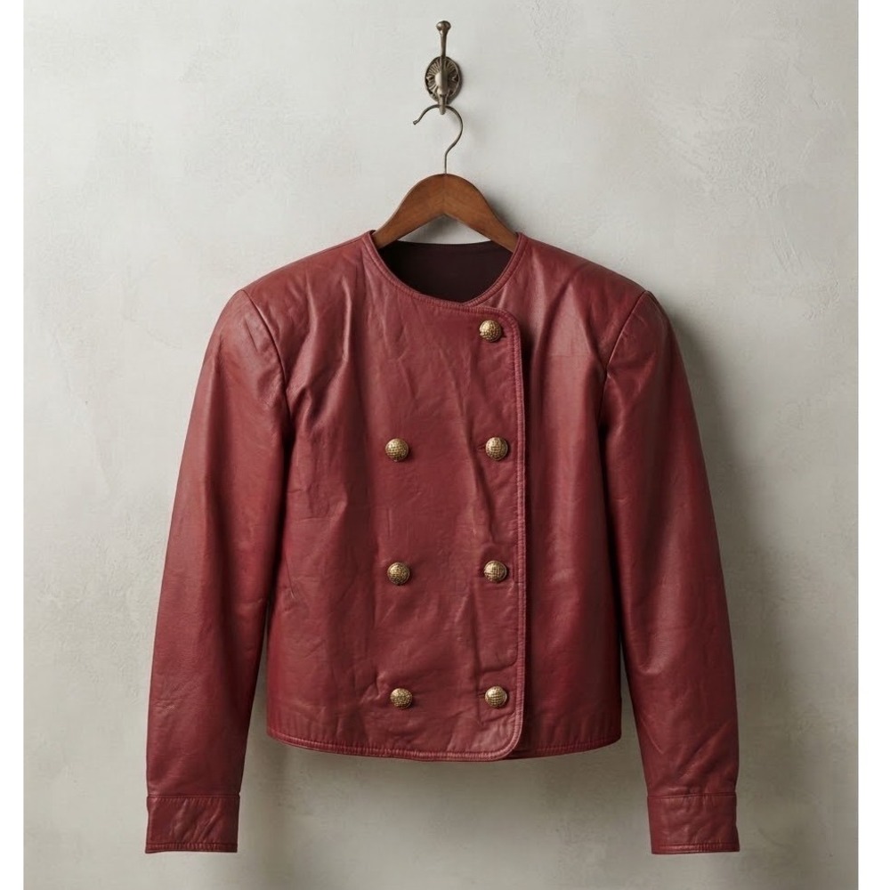 Lord & Taylor Red Leather Double Breasted Military Jacket Crest Buttons Cropped